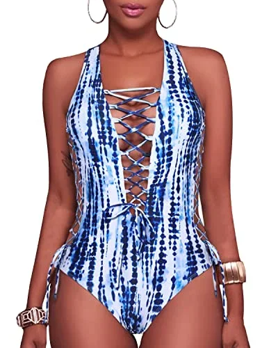 High Cut Legs Cross Back Plunge V Neck Swimwear-Blue Tie Dye