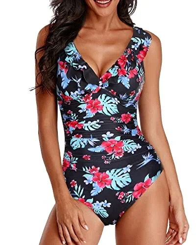 Women's Tummy Control One Piece Swimsuits Ruffle V Neck Swimwear